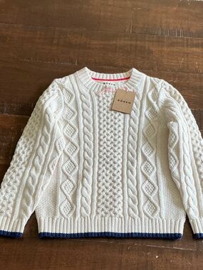 Boden Cream Cable-Knit Crewneck Sweater with Navy Trim